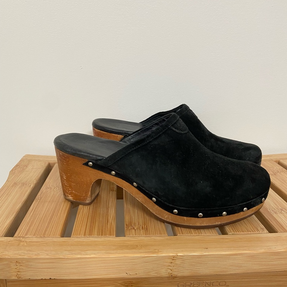 UGG Black Suede Clogs with Wooden Heel - Picture 2 of 9
